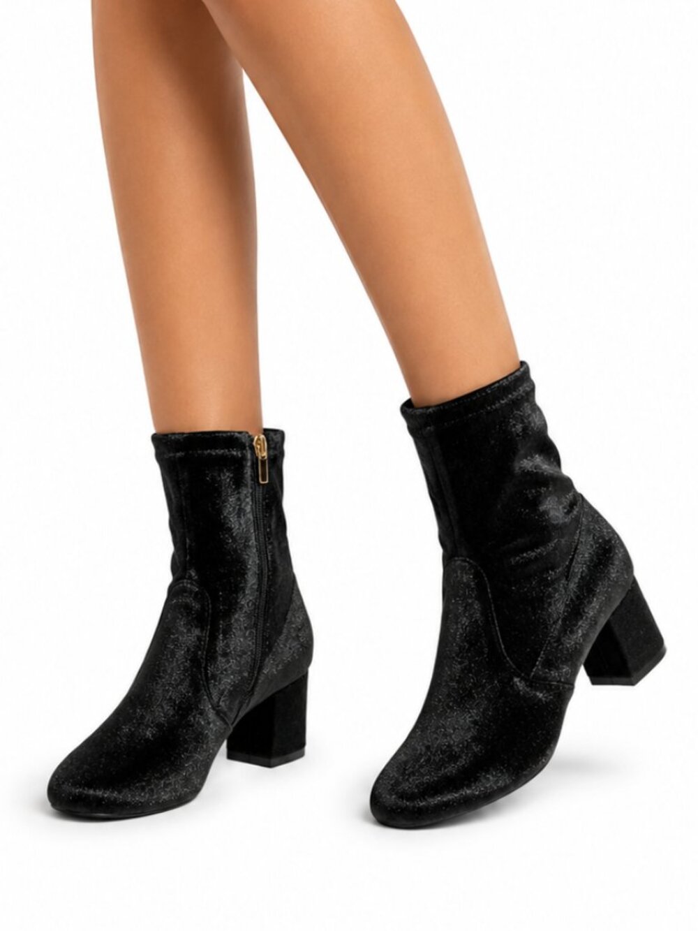 Silent D Women’s Black Velvet Shimmer Sock Heel Ankle Boots, 37